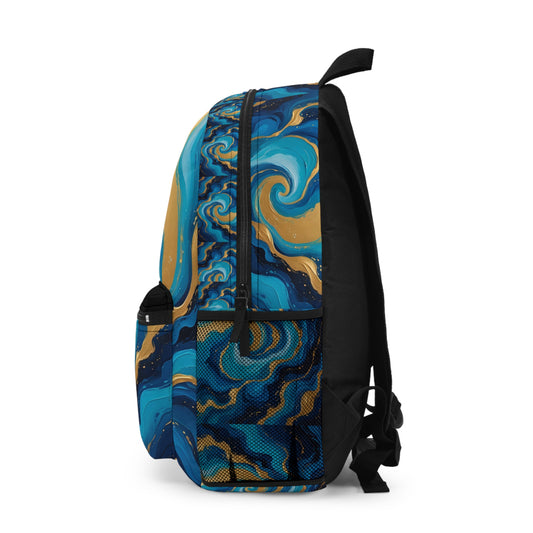 Tide Dreams Backpack – Celestial Swirl Print Bag, Blue and Gold Ocean-Inspired Daypack, Stardust Cove Travel Essential