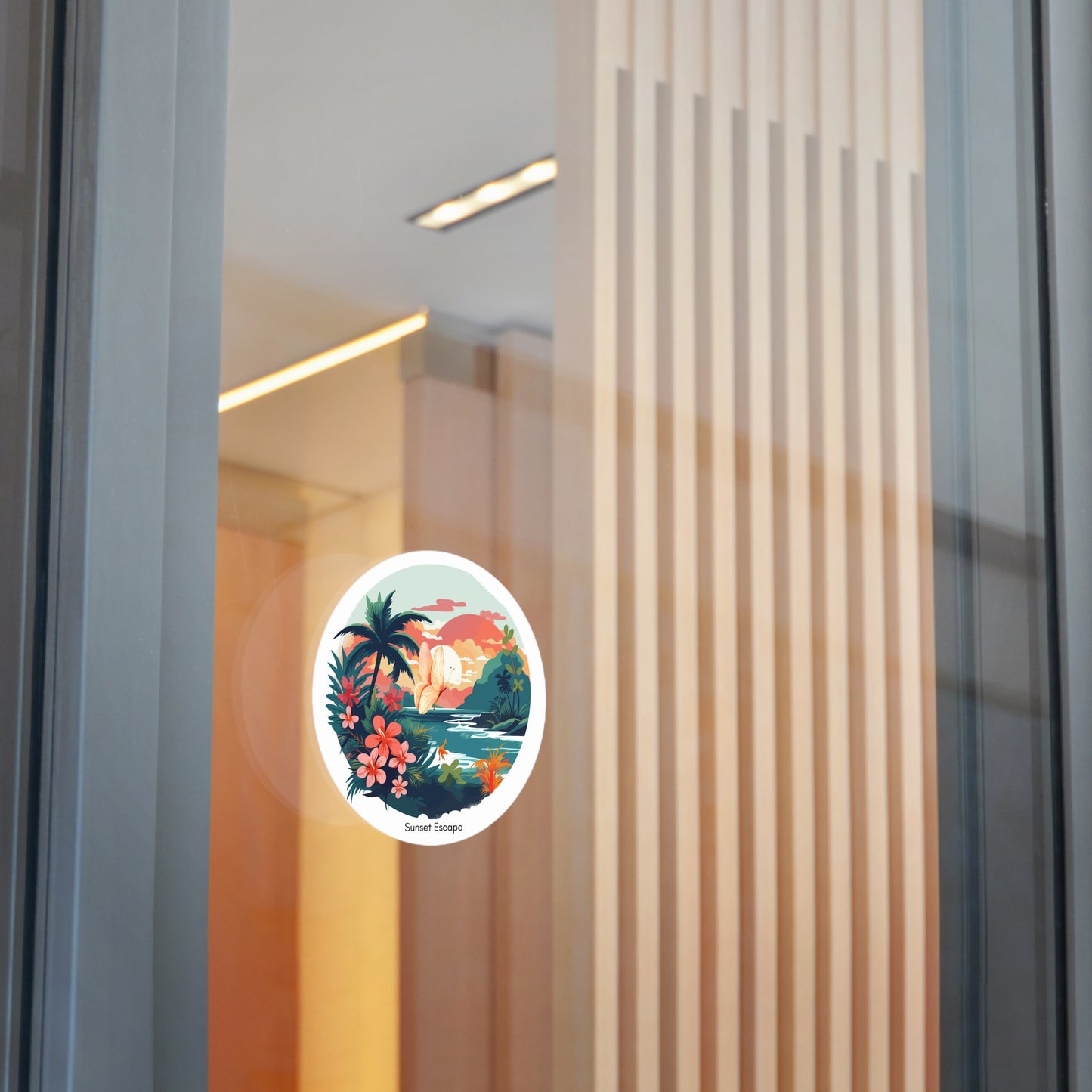 Sunset Escape Tropical Round Vinyl Sticker – Coastal Butterfly Beach Scene | Stardust Cove Aesthetic