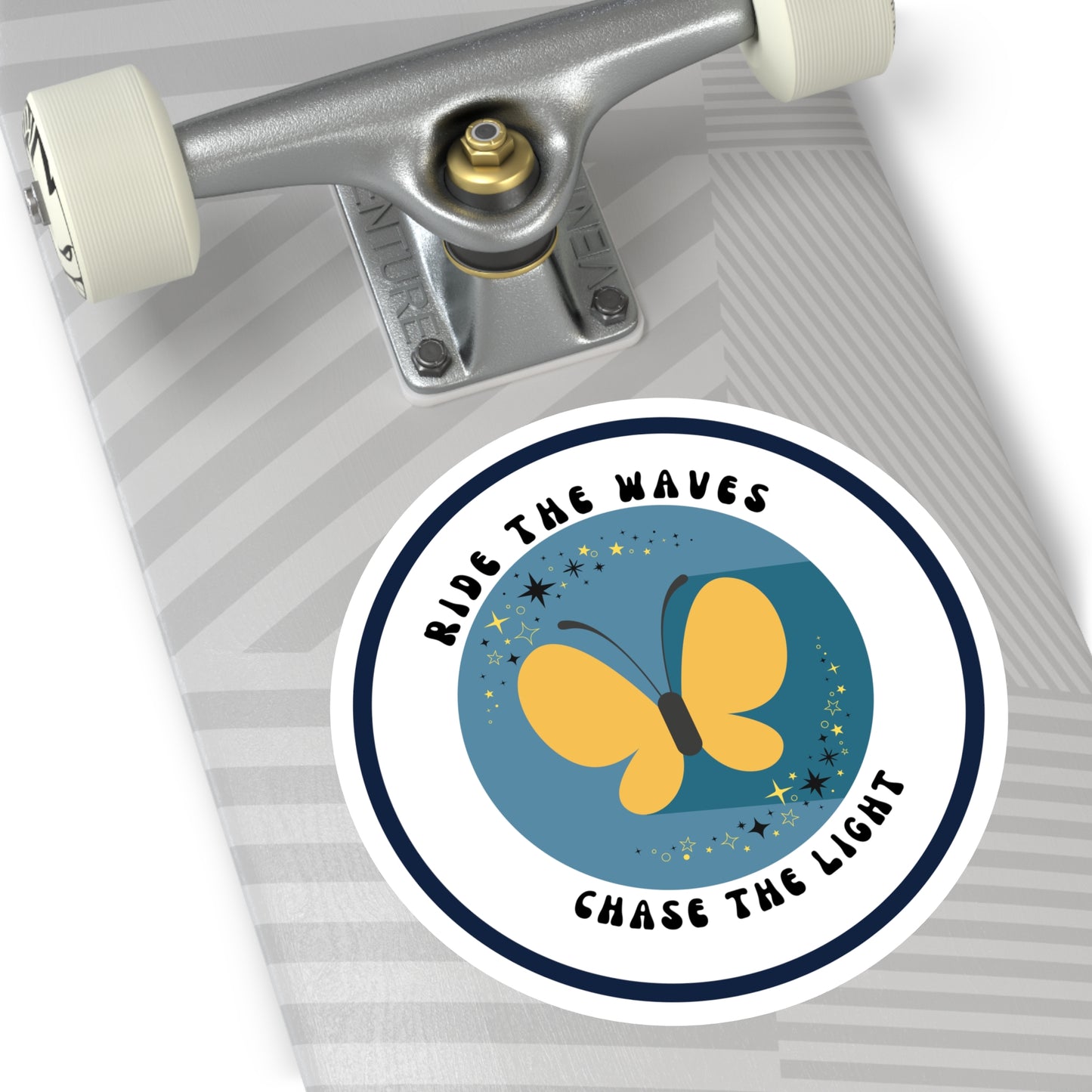 Ride the Waves, Chase the Light Sticker – Round Vinyl Ocean Butterfly Decal for Laptop, Journal & Water Bottle