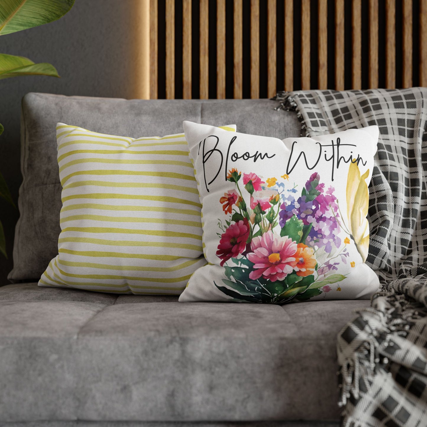 Bloom Within Throw Pillow – Inspirational Floral Butterfly Pillowcase – Watercolor Quote Cushion Cover