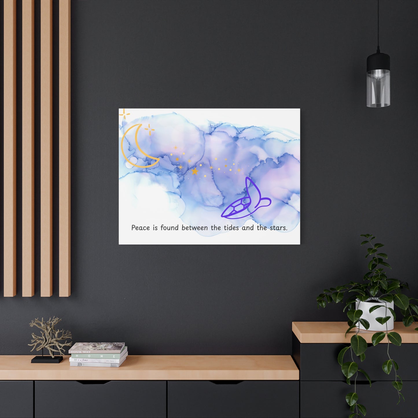 Inspirational Canvas Art - 'Peace is Found Between the Tides and the Stars' Celestial Ocean Canvas Wall Art – Moon, Stars & Tides Quote | Stardust Cove