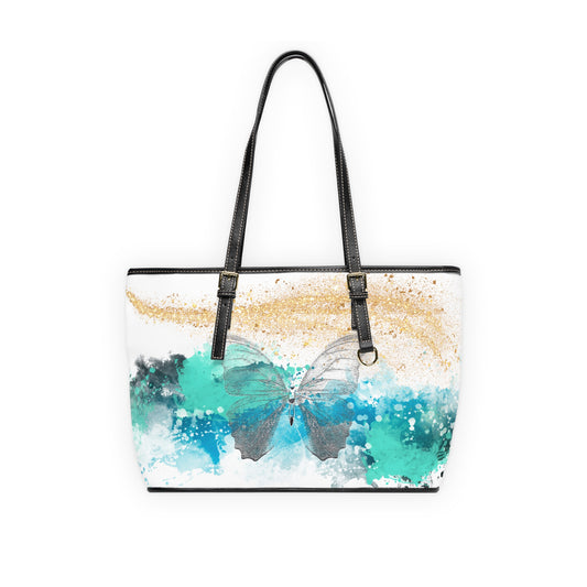 Watercolor Butterfly Leather Shoulder Bag – Teal and Gold Artistic Handbag – Boho Chic Tote