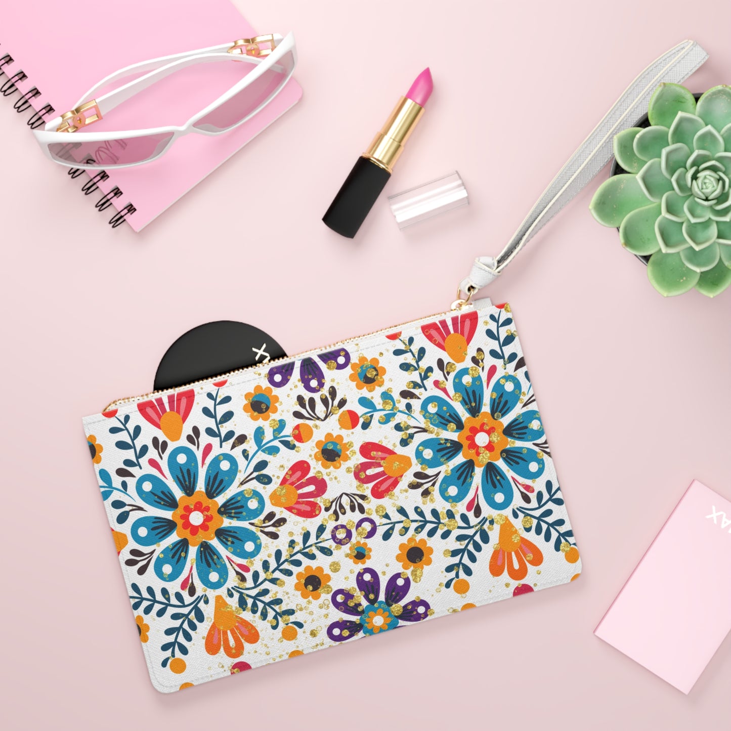 Celestial Bloom Boho Floral Clutch Bag – Folk Art Zipper Pouch with Wristlet | Vibrant Travel Bag by Stardust Cove