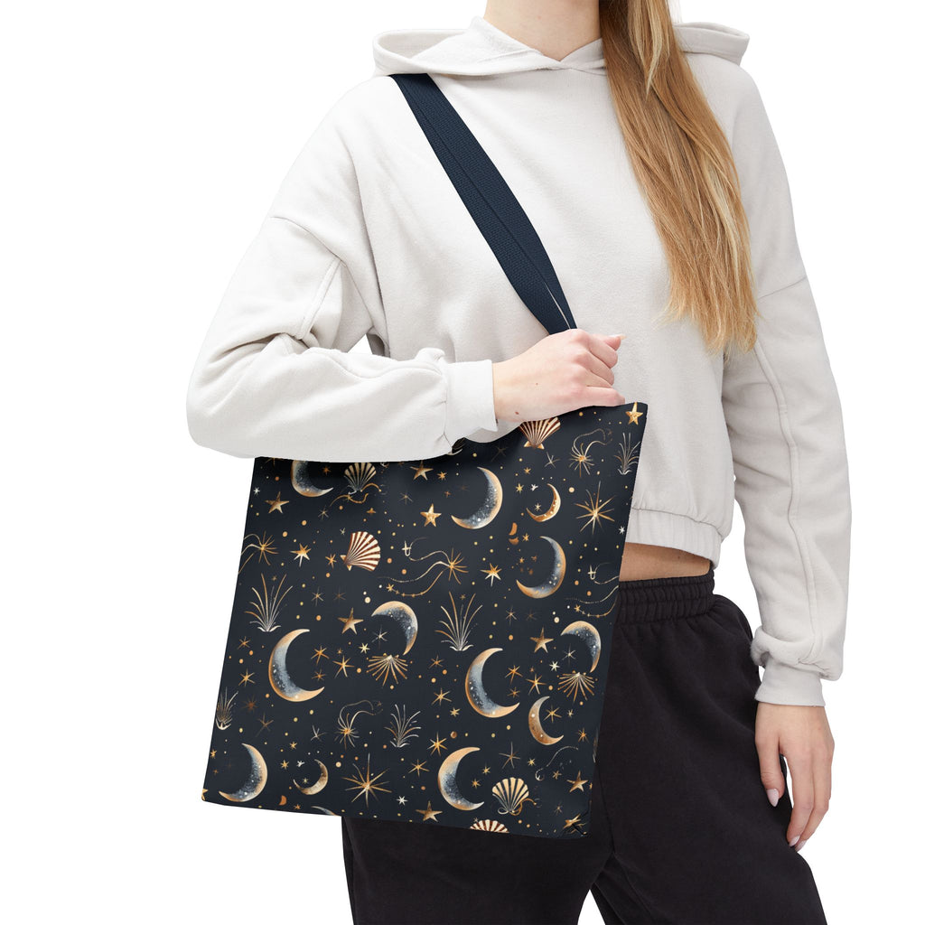 Celestial moon and stars tote bag navy zodiac crescent pattern by Stardust Cove