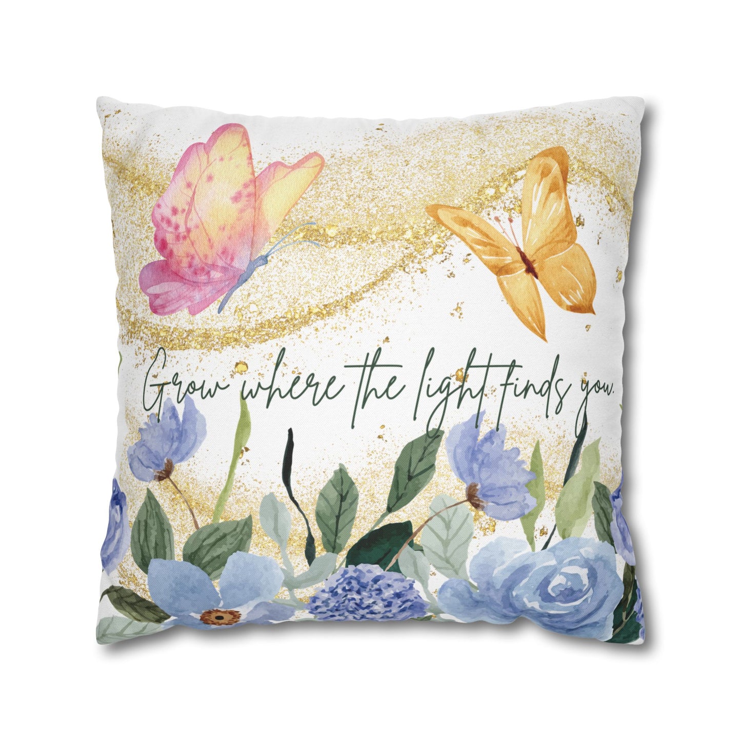 Butterfly & Floral Quote Pillow – “Grow Where the Light Finds You” Watercolor Cushion