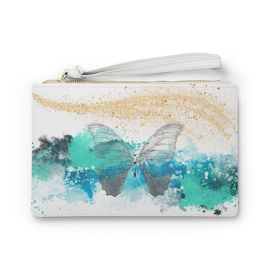 Watercolor Ocean Blue Butterfly Clutch Bag – Artistic Wristlet – Boho Chic Travel Accessory