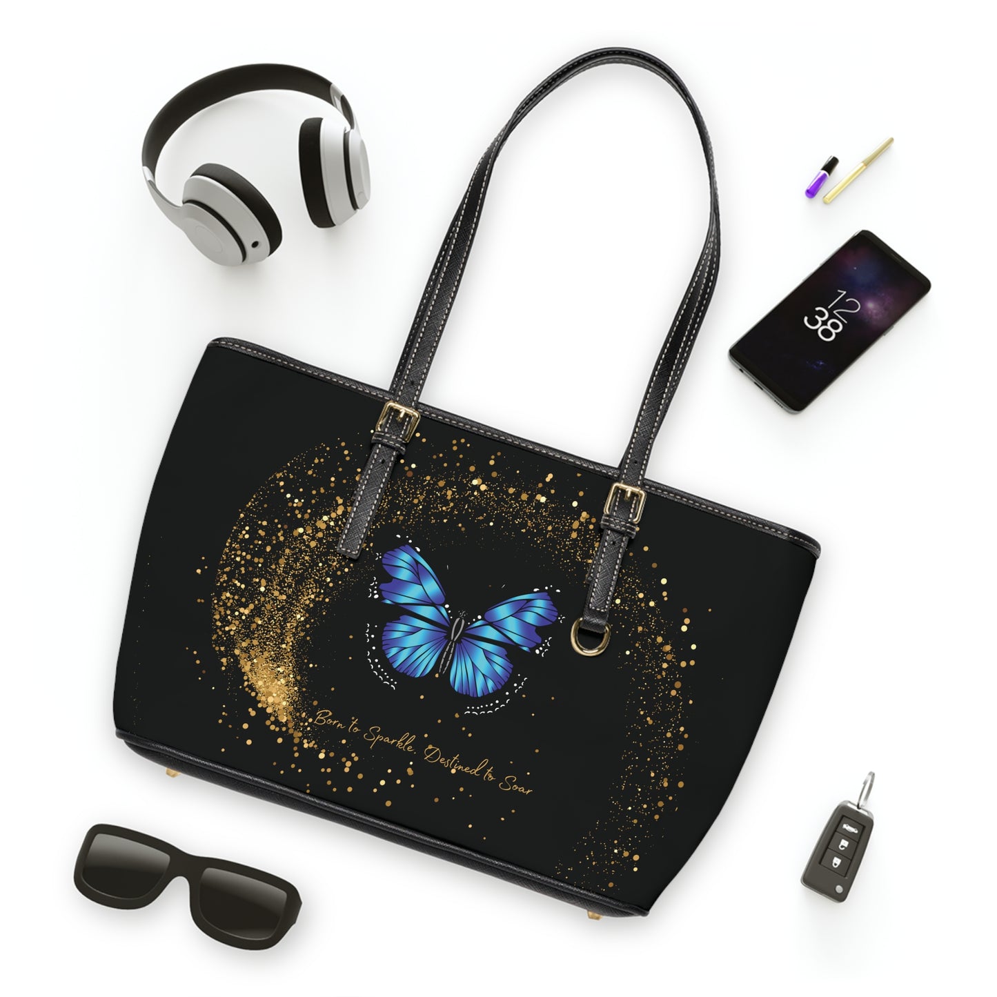 Celestial Butterfly PU Leather Shoulder Bag – Gold Stardust Black Tote | Mystical Vegan Handbag