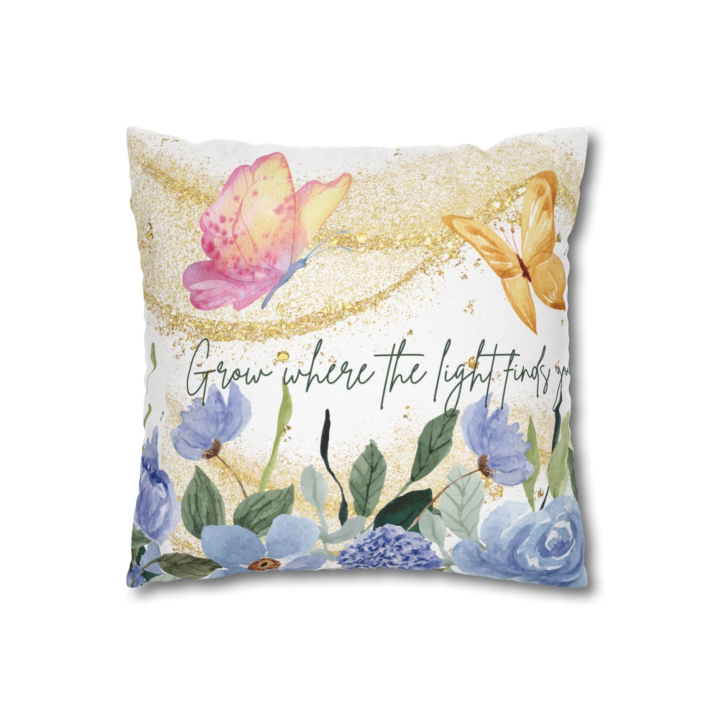 Butterfly & Floral Quote Pillow – “Grow Where the Light Finds You” Watercolor Cushion