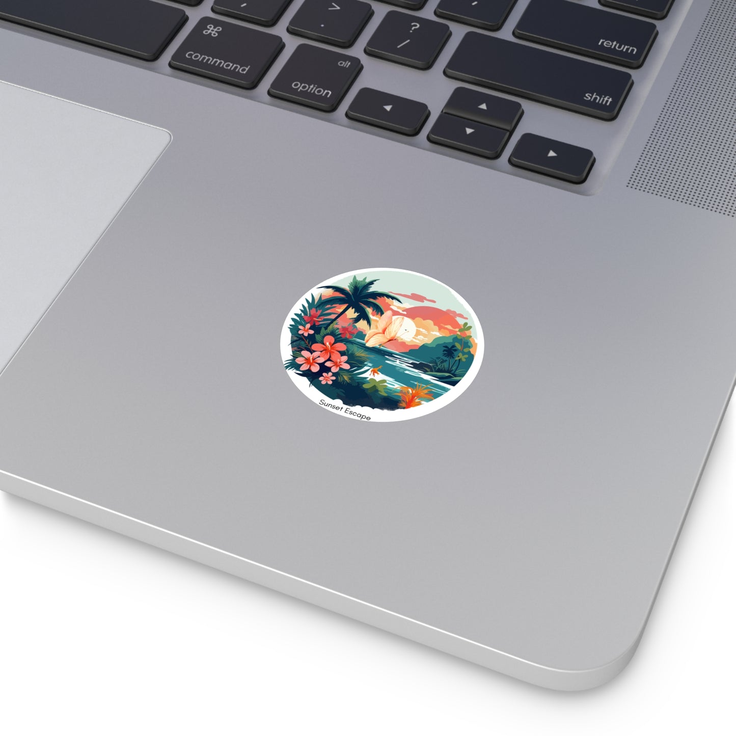 Sunset Escape Tropical Round Vinyl Sticker – Coastal Butterfly Beach Scene | Stardust Cove Aesthetic