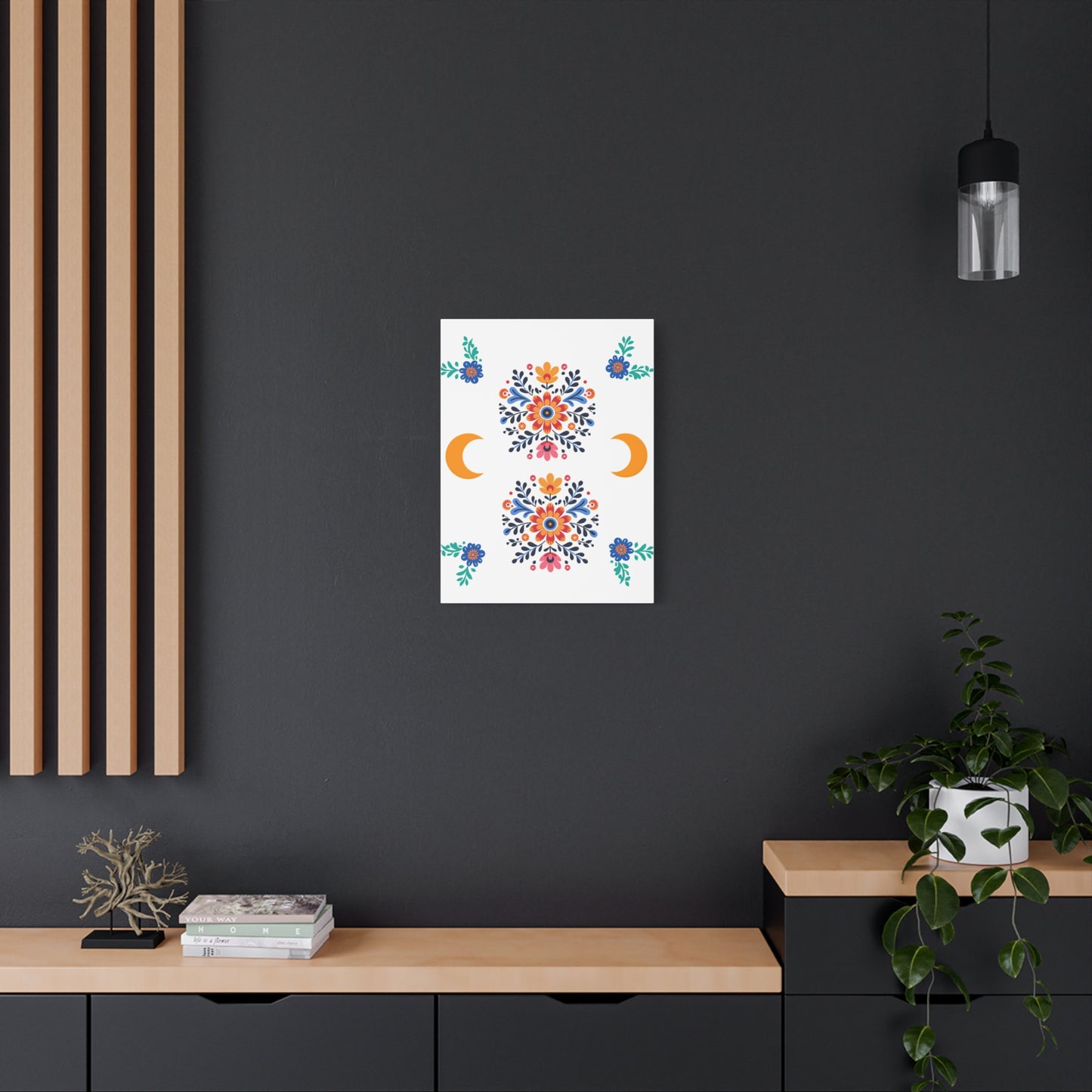Celestial Bloom Canvas Wall Art – Moon & Floral Folk Art Print | Mystical Home Decor | Stardust Cove Exclusive