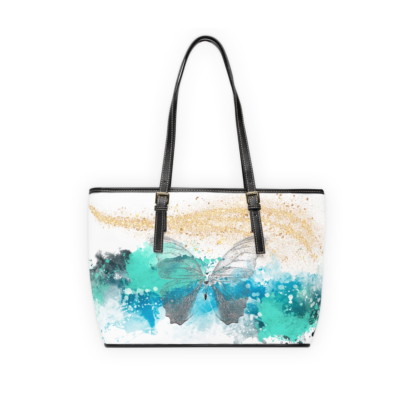 Watercolor Butterfly Leather Shoulder Bag – Teal and Gold Artistic Handbag – Boho Chic Tote