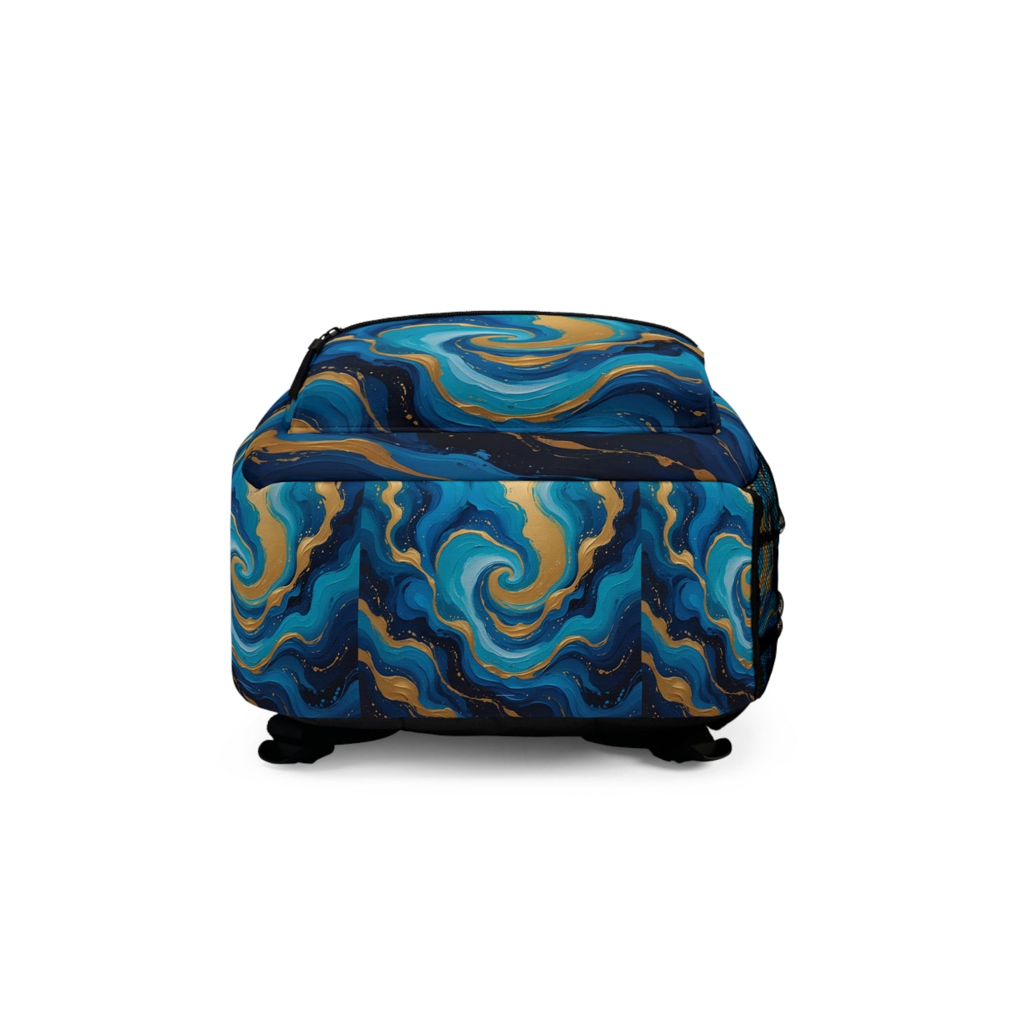 Tide Dreams Backpack – Celestial Swirl Print Bag, Blue and Gold Ocean-Inspired Daypack, Stardust Cove Travel Essential