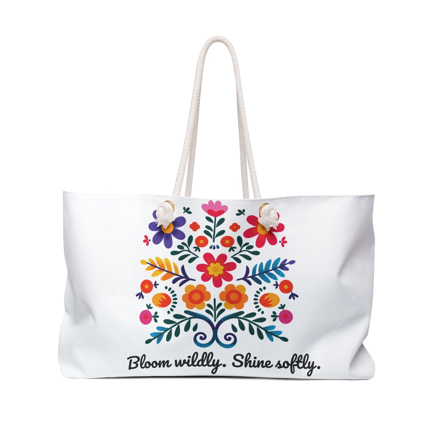 Bloom Wildly Shine Softly Weekender Bag – Floral Folk Art Tote | Boho Travel Bag | Stardust Cove Quote Collection