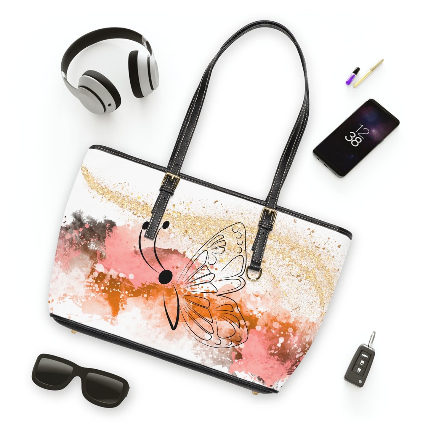 Watercolor Butterfly Leather Shoulder Bag – Sunset Tones Artistic Tote – Boho Chic Handbag