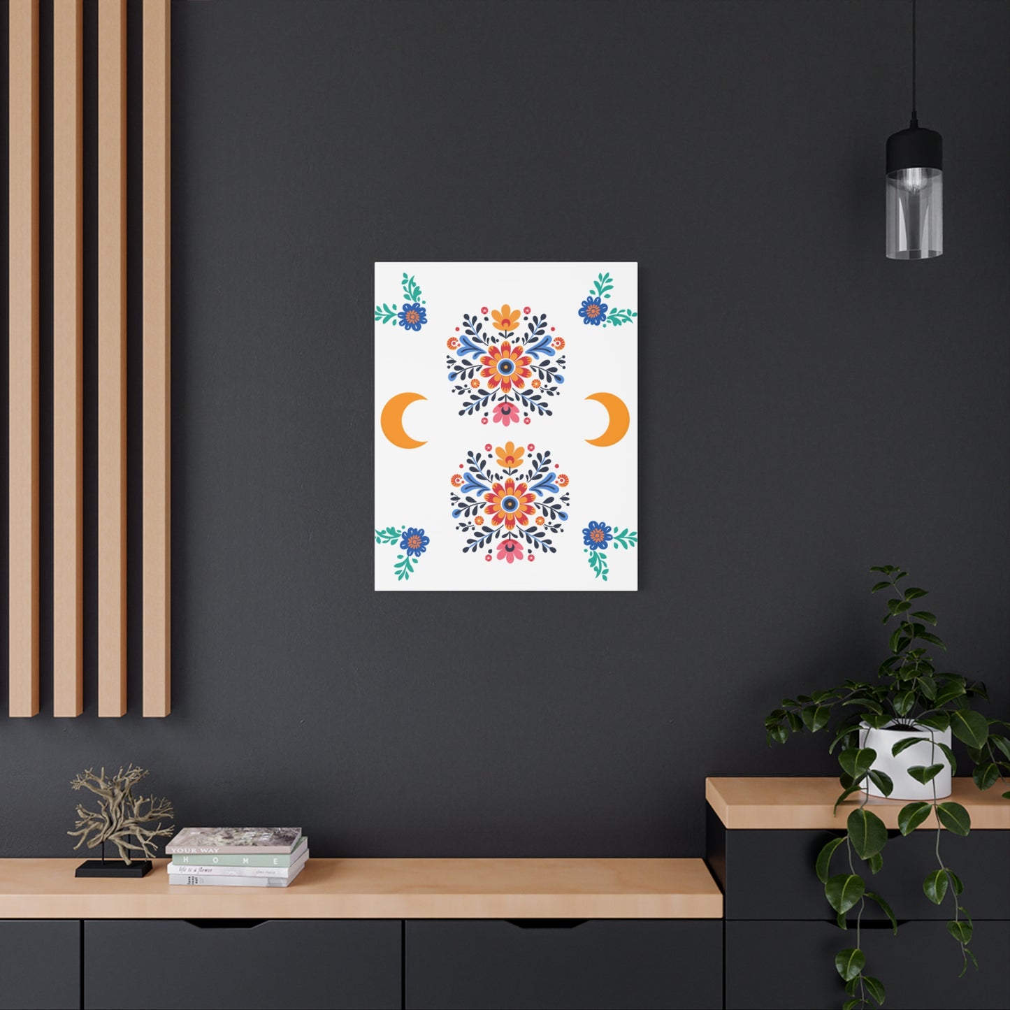Celestial Bloom Canvas Wall Art – Moon & Floral Folk Art Print | Mystical Home Decor | Stardust Cove Exclusive