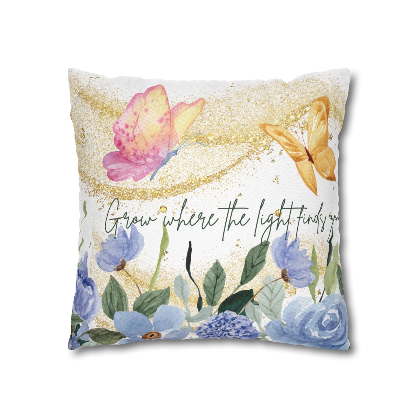 Butterfly & Floral Quote Pillow – “Grow Where the Light Finds You” Watercolor Cushion
