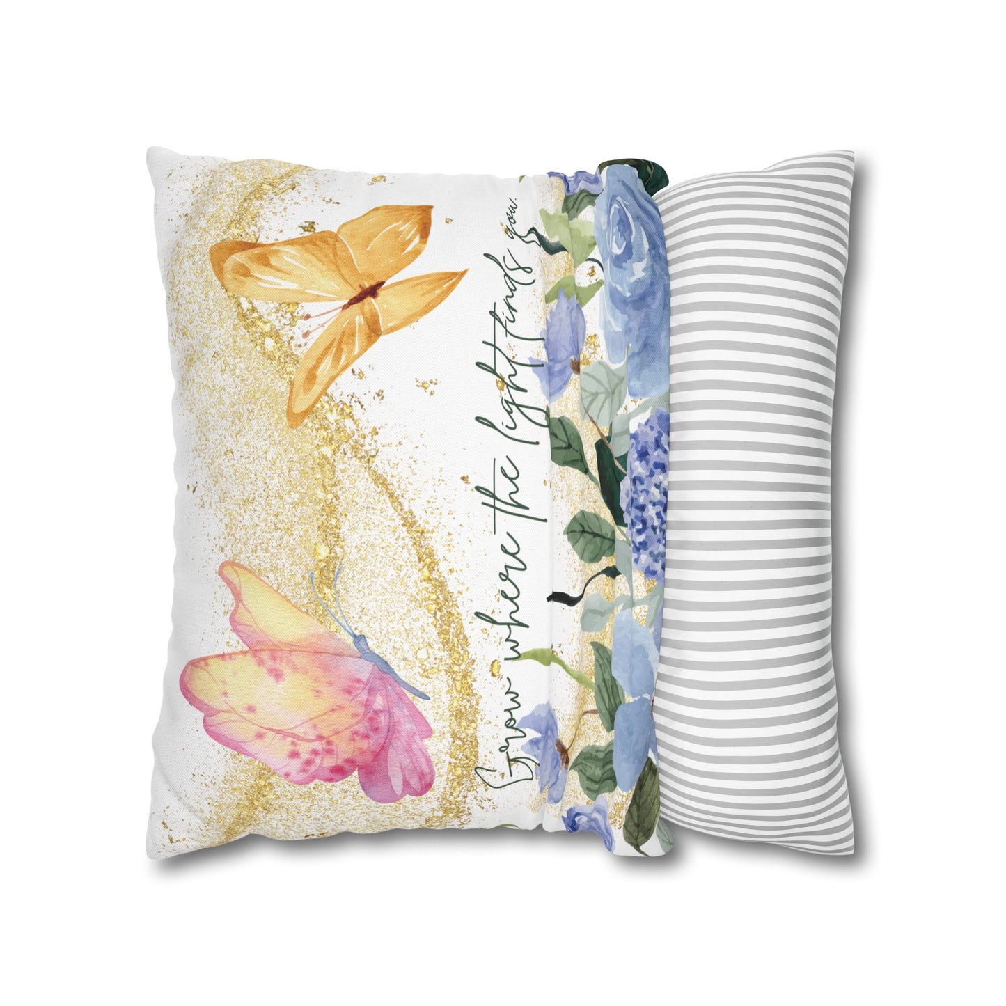 Butterfly & Floral Quote Pillow – “Grow Where the Light Finds You” Watercolor Cushion