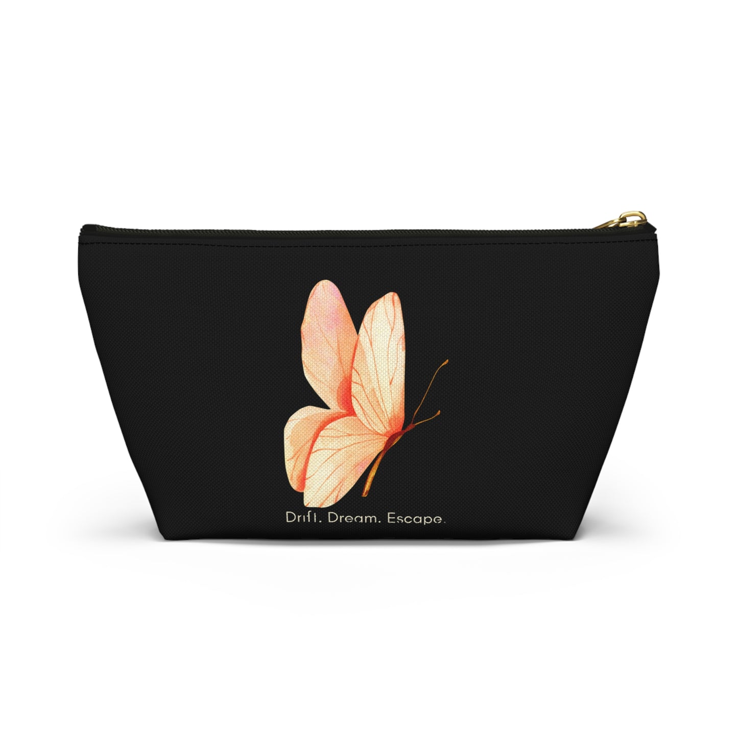 Drift. Dream. Escape. Black Butterfly Pouch – Travel Makeup Bag or Journal Accessory Case | Stardust Cove