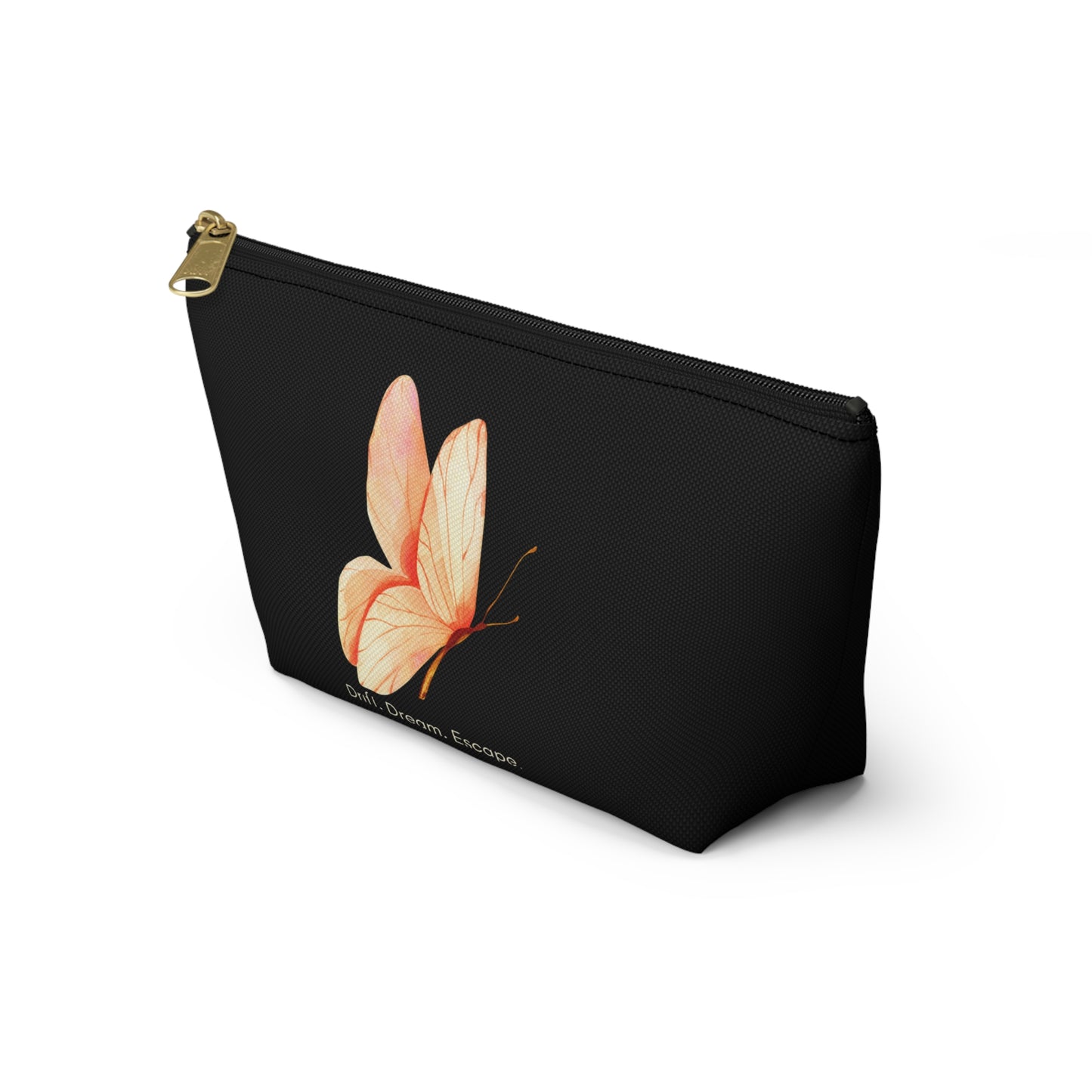 Drift. Dream. Escape. Black Butterfly Pouch – Travel Makeup Bag or Journal Accessory Case | Stardust Cove