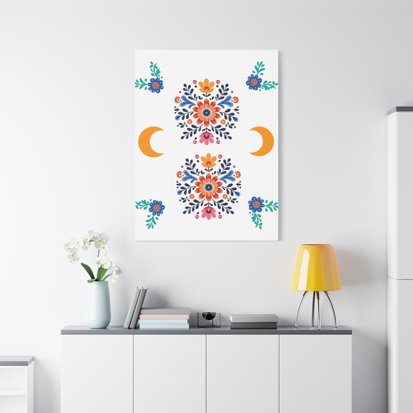 Celestial Bloom Canvas Wall Art – Moon & Floral Folk Art Print | Mystical Home Decor | Stardust Cove Exclusive