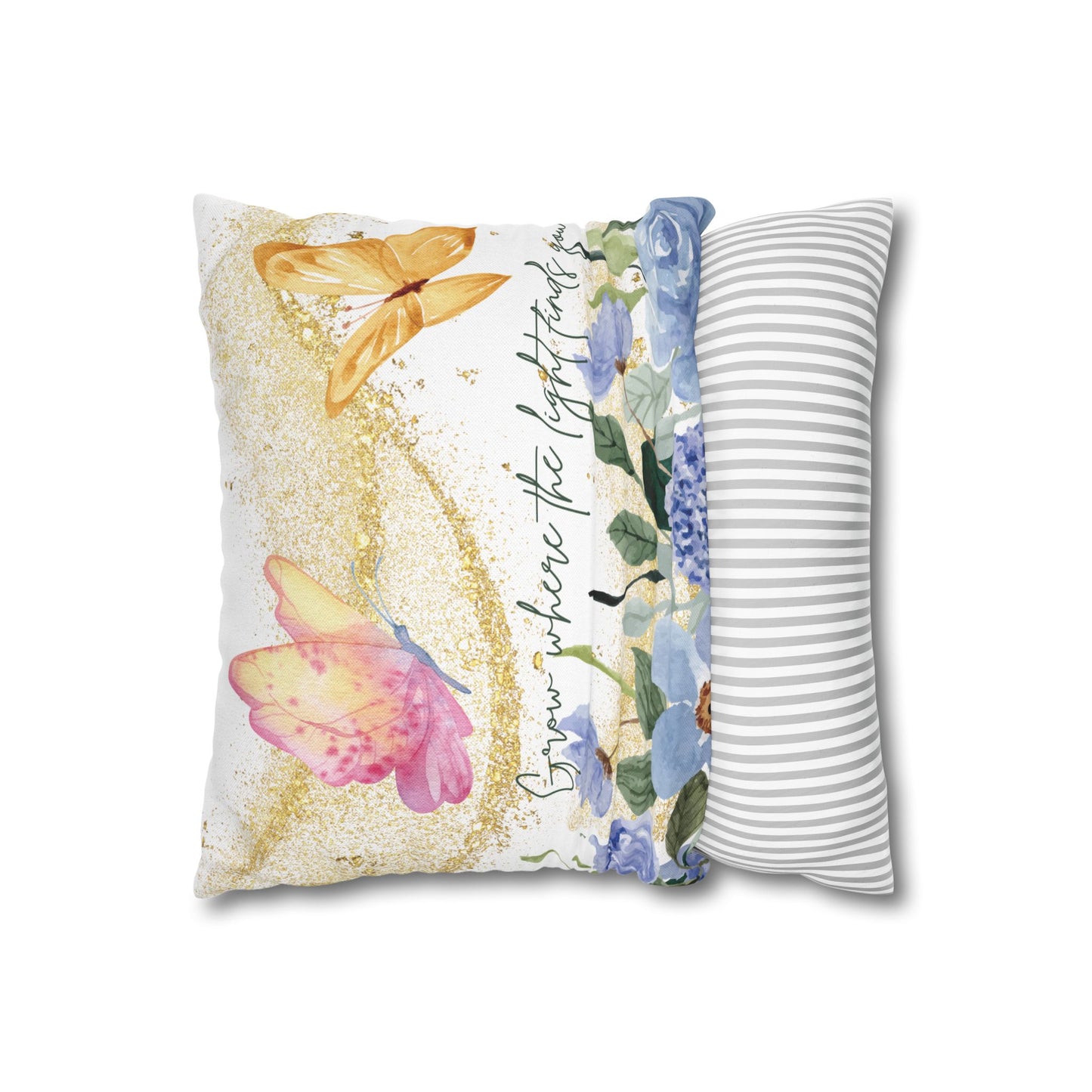 Butterfly & Floral Quote Pillow – “Grow Where the Light Finds You” Watercolor Cushion