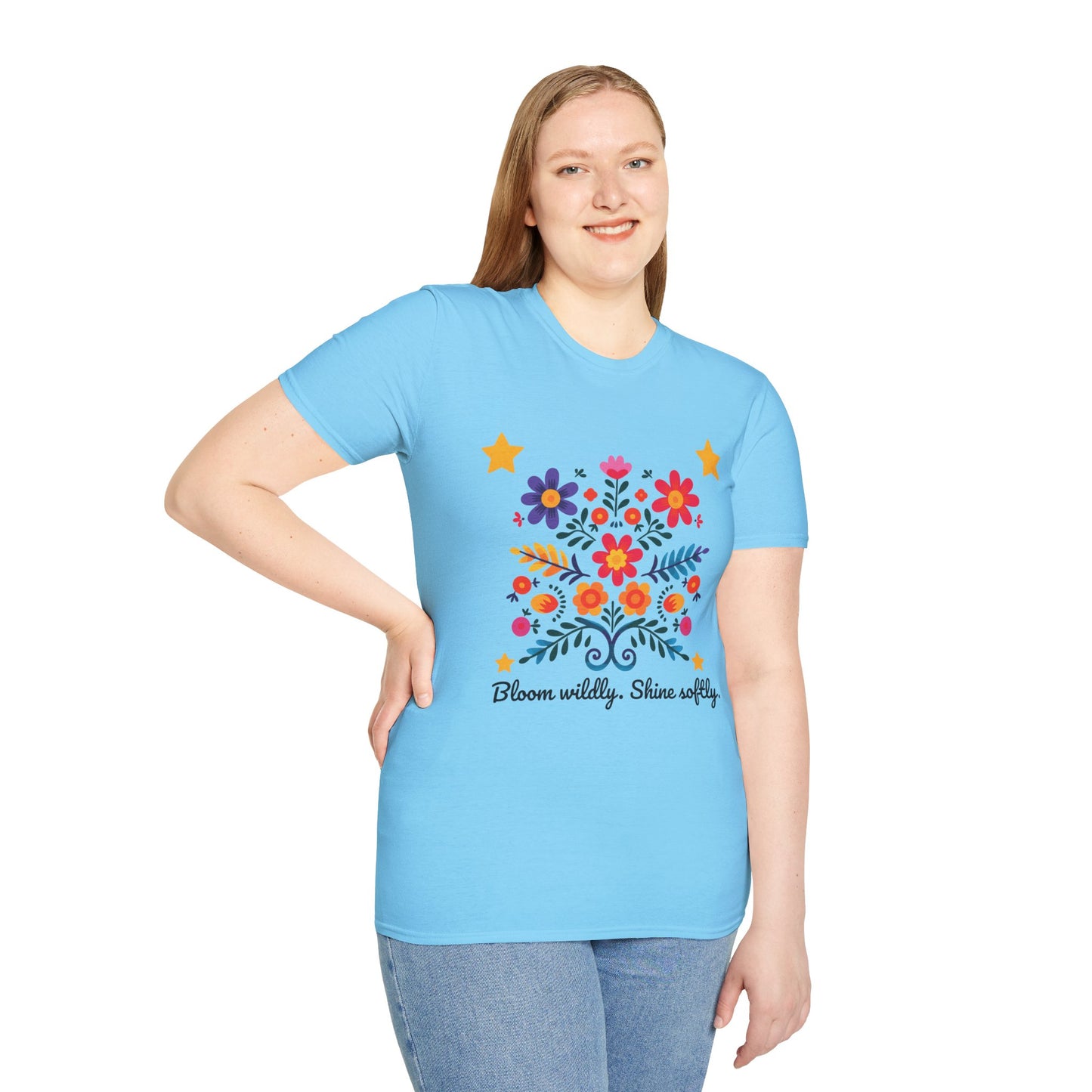 Bloom Wildly Shine Softly T-Shirt – Floral Folk Art Tee | Inspirational Quote Shirt | Stardust Cove