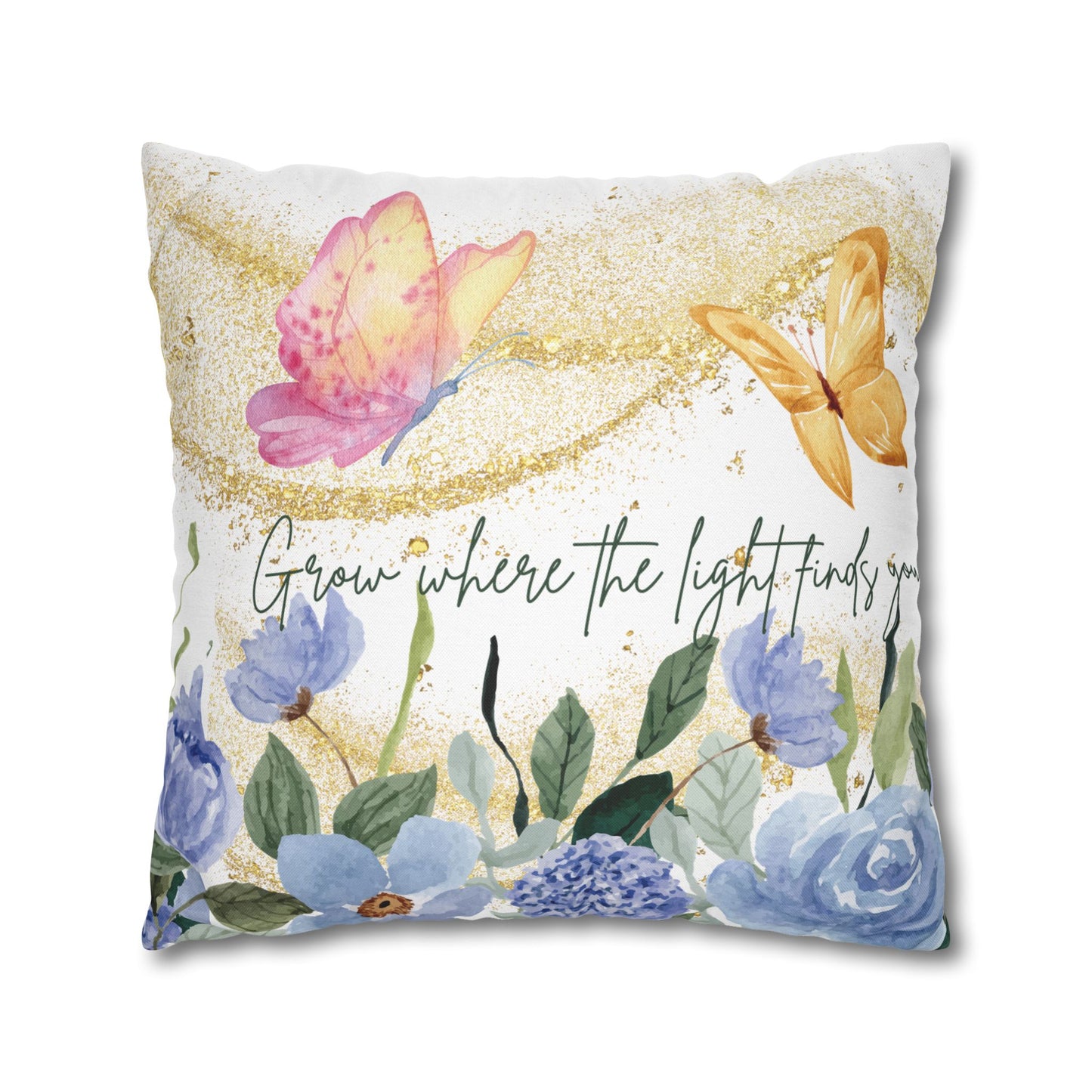 Butterfly & Floral Quote Pillow – “Grow Where the Light Finds You” Watercolor Cushion
