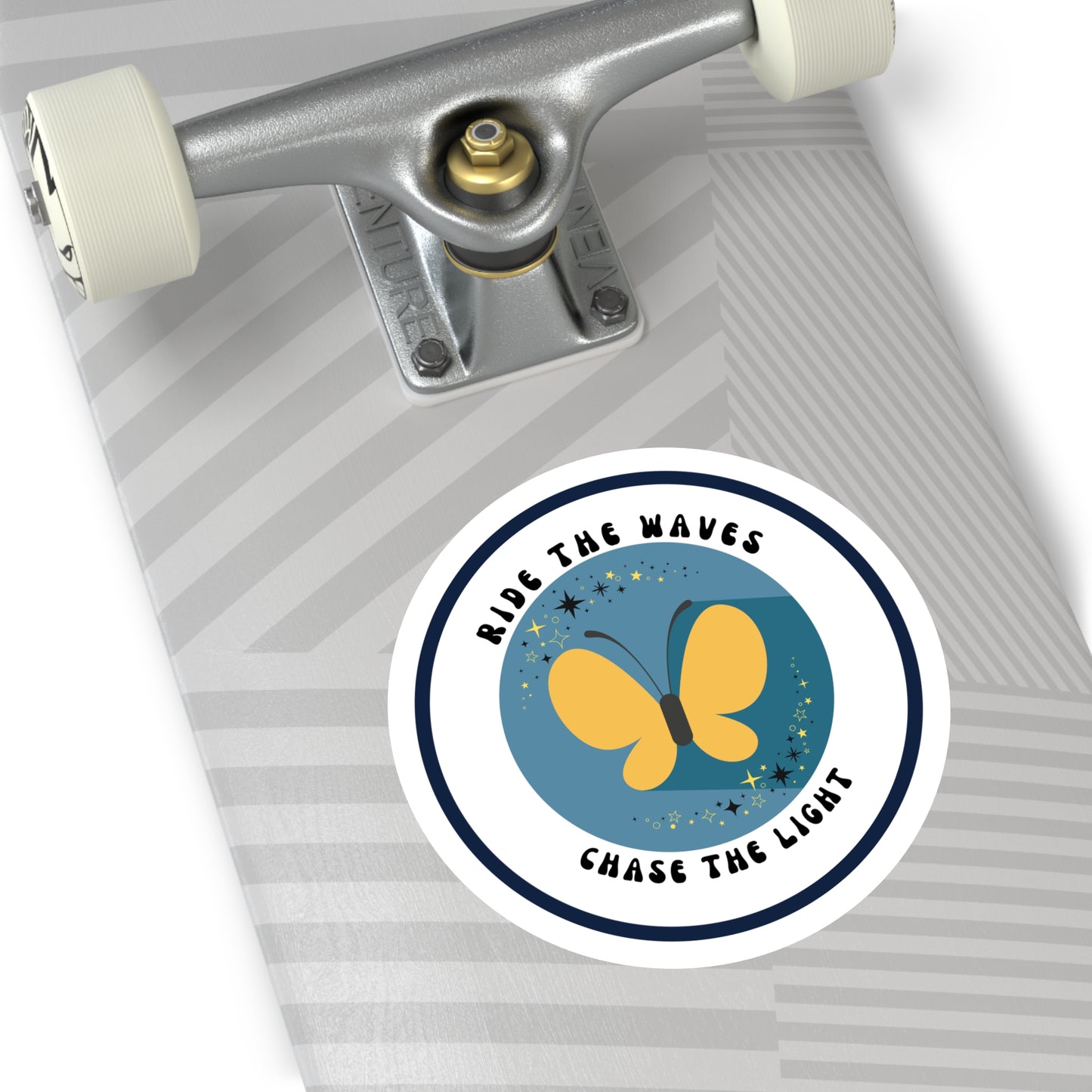 Ride the Waves, Chase the Light Sticker – Round Vinyl Ocean Butterfly Decal for Laptop, Journal & Water Bottle
