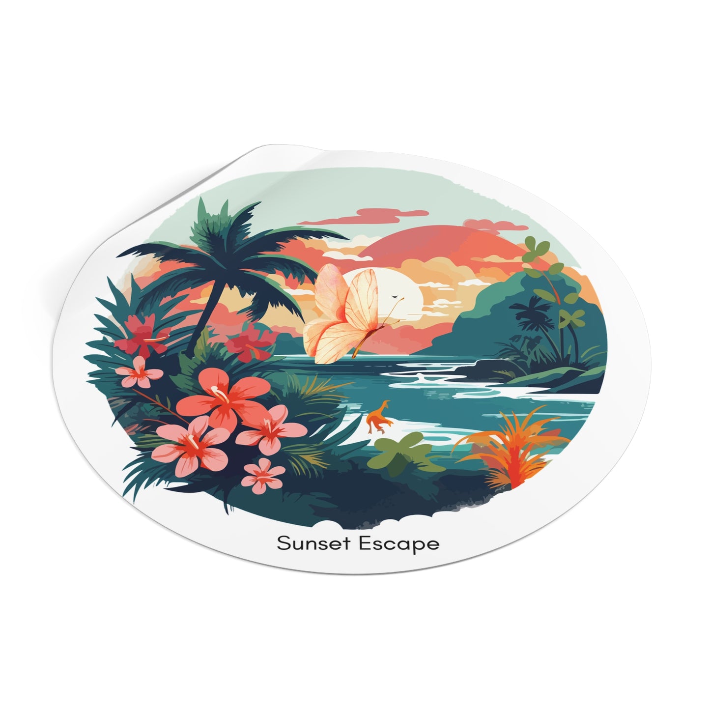 Sunset Escape Tropical Round Vinyl Sticker – Coastal Butterfly Beach Scene | Stardust Cove Aesthetic