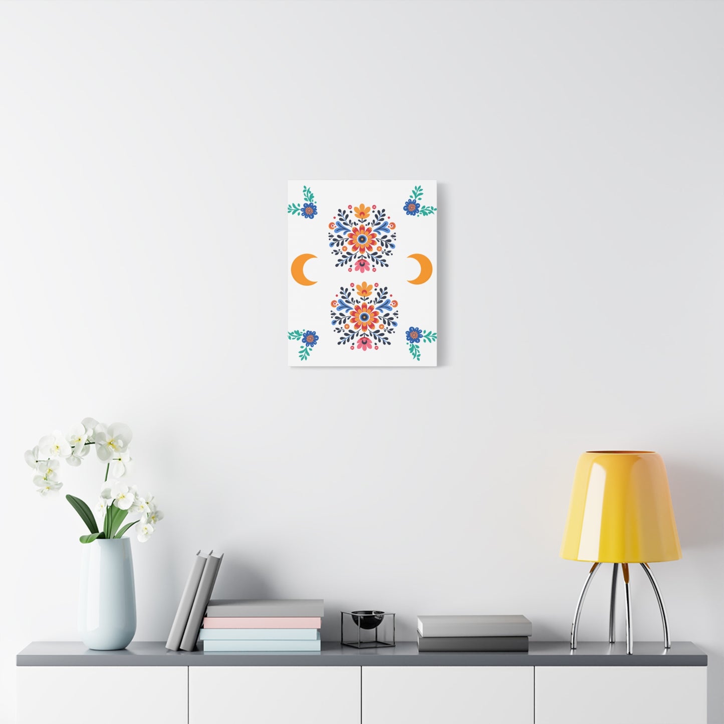 Celestial Bloom Canvas Wall Art – Moon & Floral Folk Art Print | Mystical Home Decor | Stardust Cove Exclusive