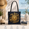 Celestial Sunburst Tote Bag | Gold Sun Moon Stars All-Over Print