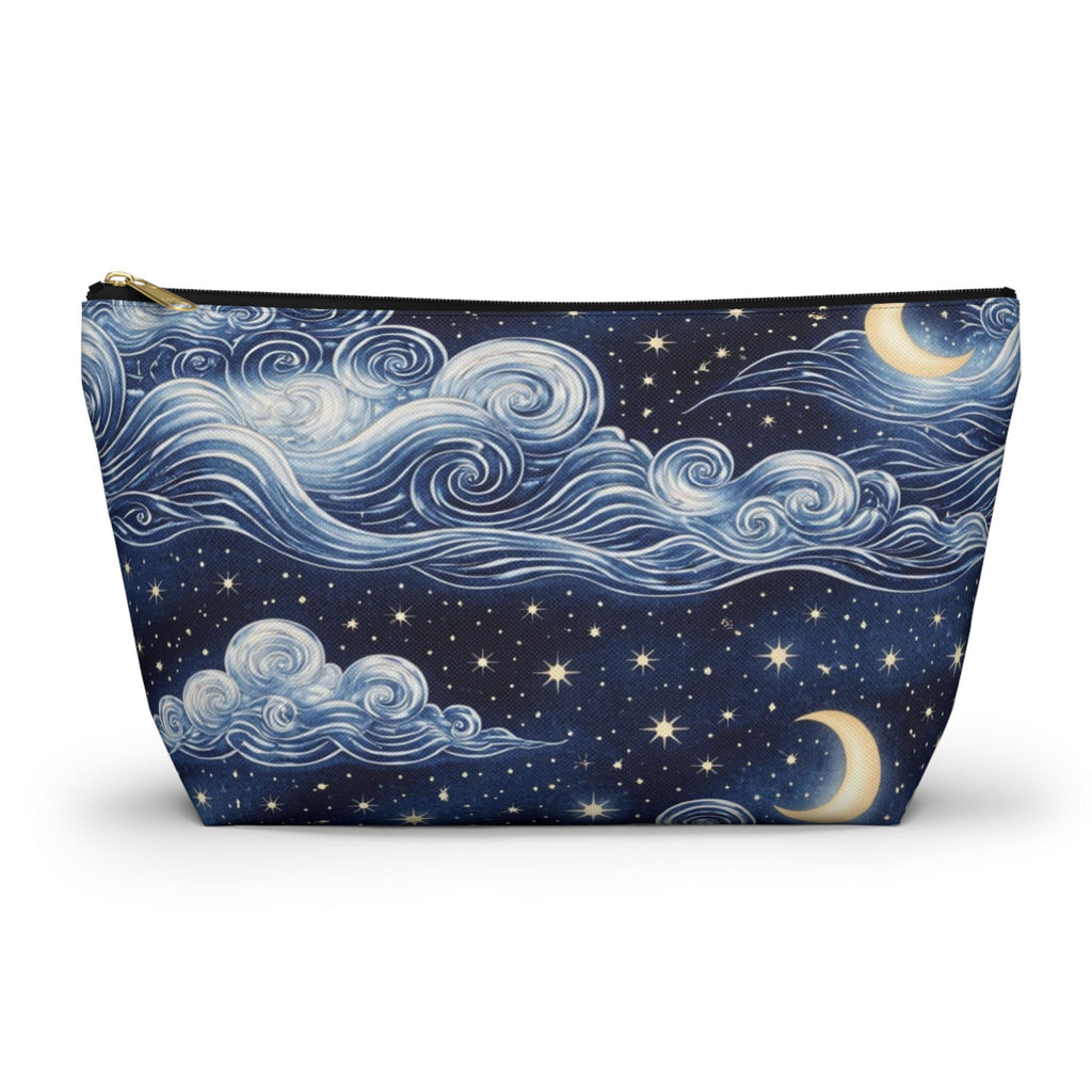 Cosmetic bag with celestial design featuring clouds, stars, and moons on a blue background.