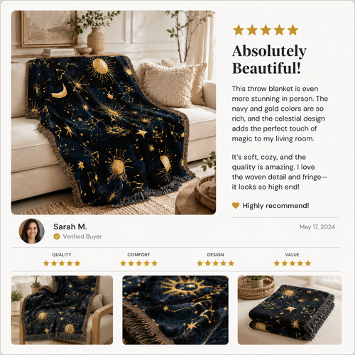 A product review card for a navy blue throw blanket with a gold celestial print. The card features a large photo of the blanket draped over a beige sofa, three smaller detail photos at the bottom, and a customer review by Sarah M.