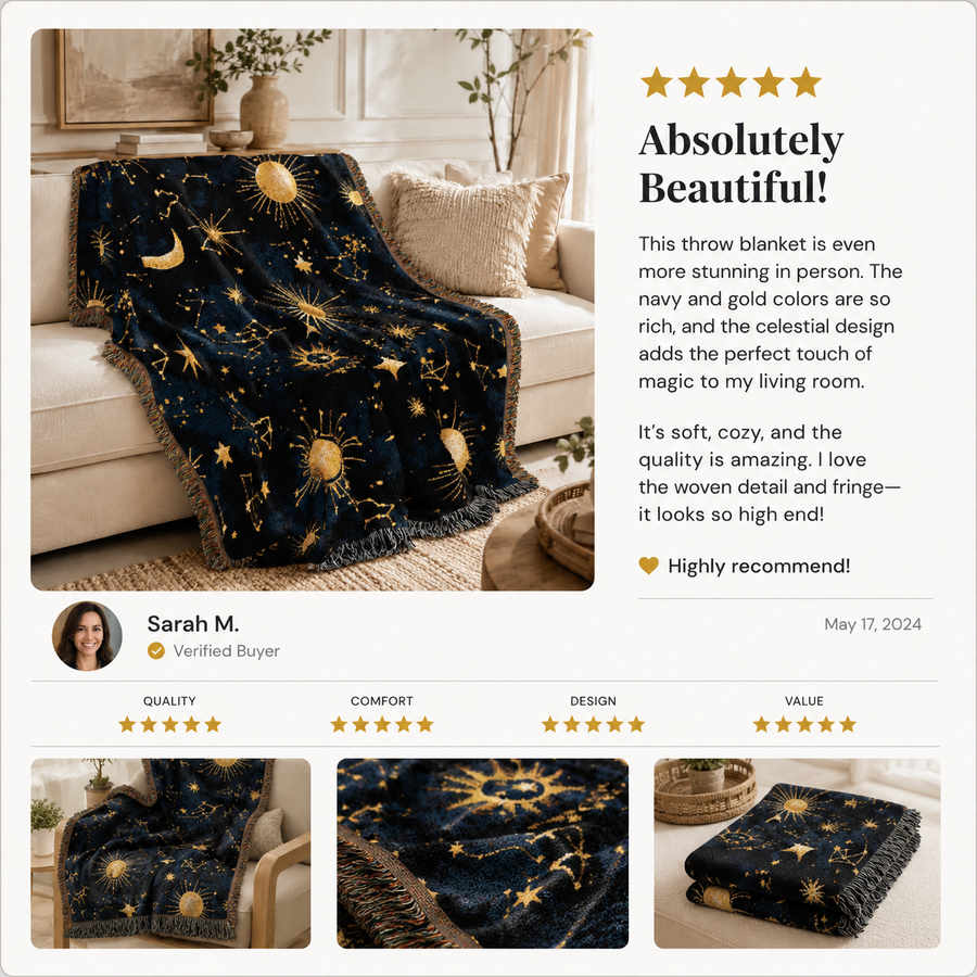 A product review card for a navy blue throw blanket with a gold celestial print. The card features a large photo of the blanket draped over a beige sofa, three smaller detail photos at the bottom, and a customer review by Sarah M.