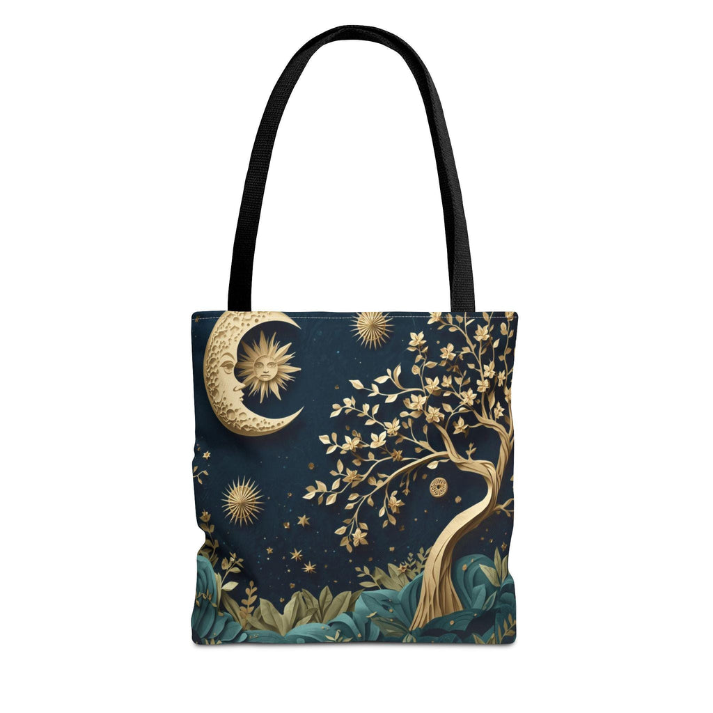 Celestial Moon Tree of Life Tote Bag | Mystical Night Sky Boho Witchy Bag | Gold Moon Stars Canvas Tote