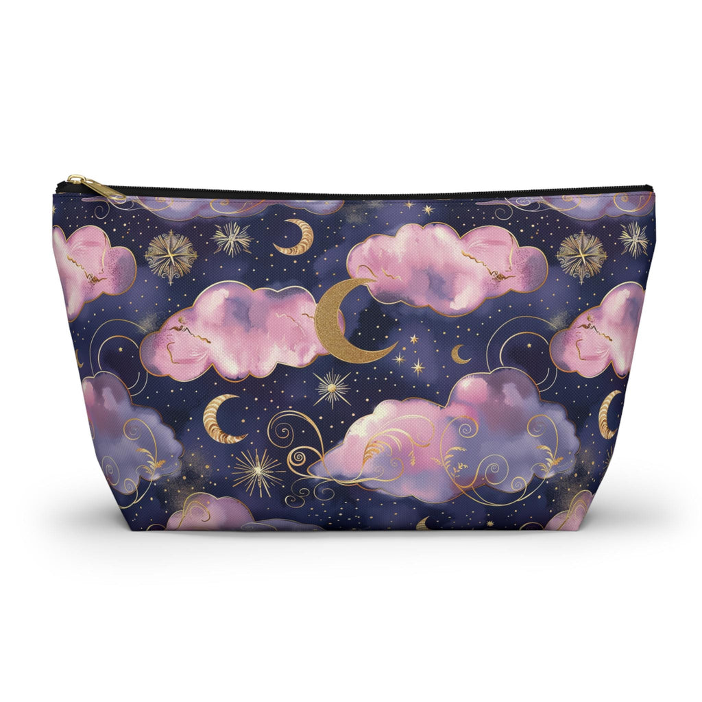 Celestial Pink Clouds accessory pouch featuring dreamy pink cloud artwork on a zippered cosmetic bag for makeup, travel, toiletries, and everyday essentials.