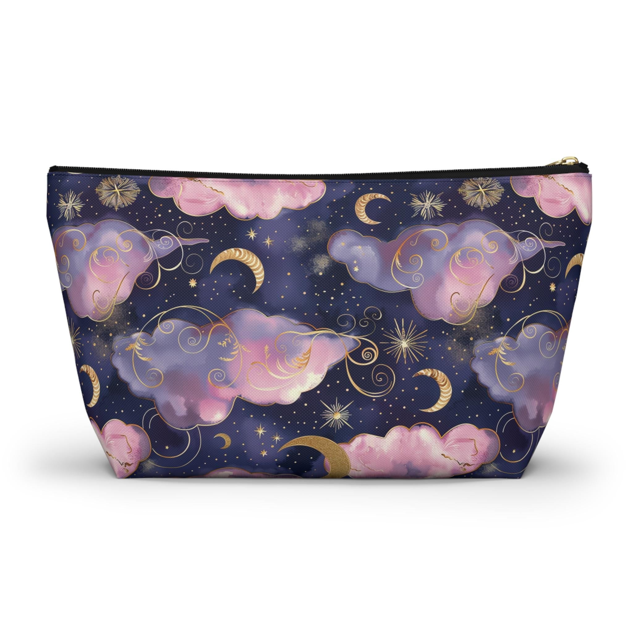 Cosmetic bag with cloud and moon pattern on a white background