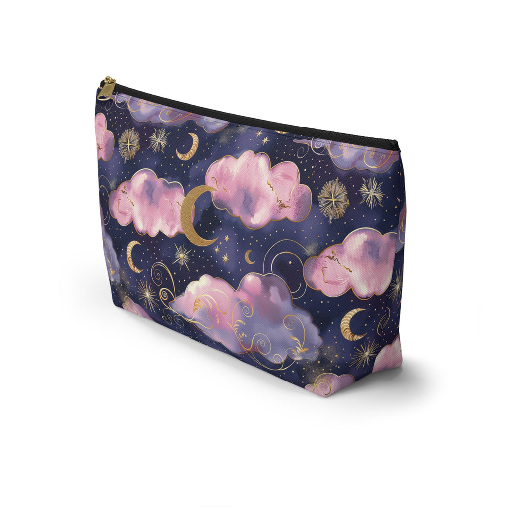 Cosmetic bag with cloud and moon design on a white background