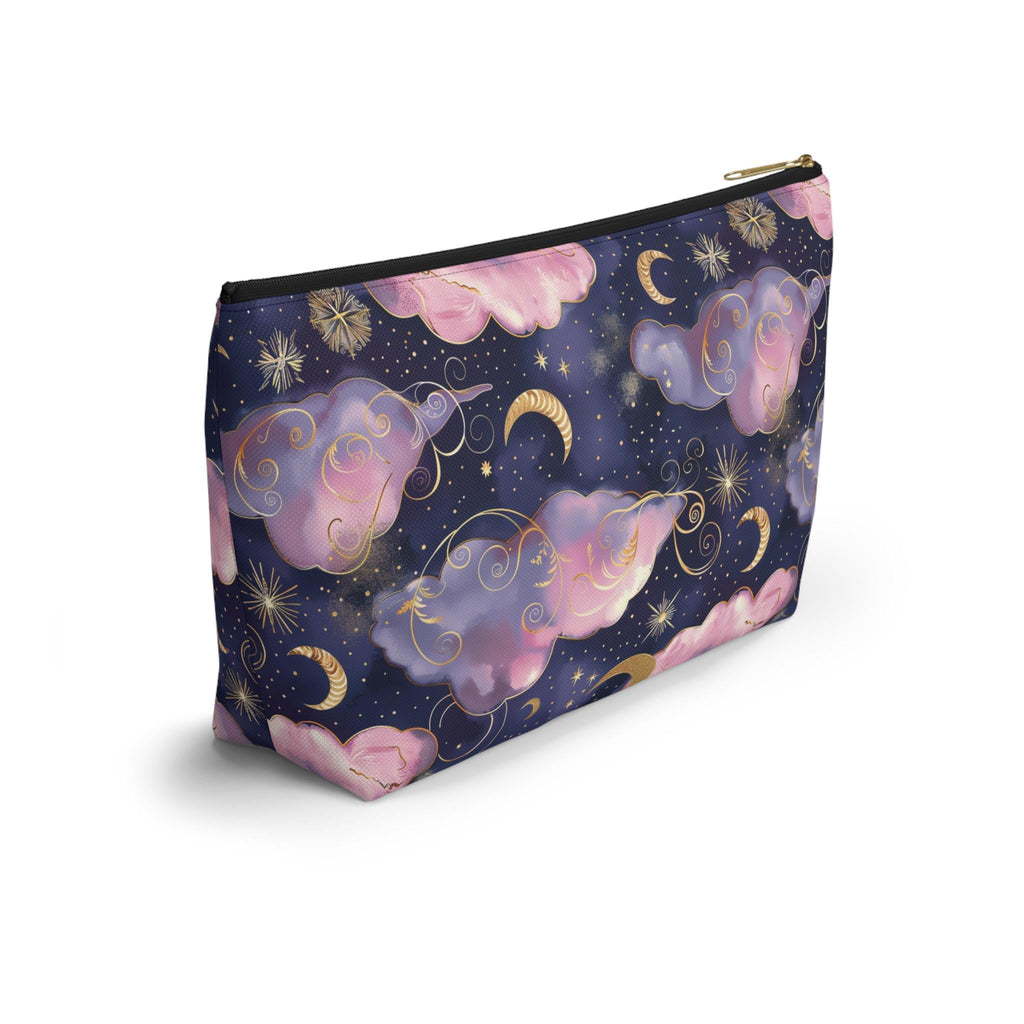 Cosmetic bag with cloud and star pattern on a white background