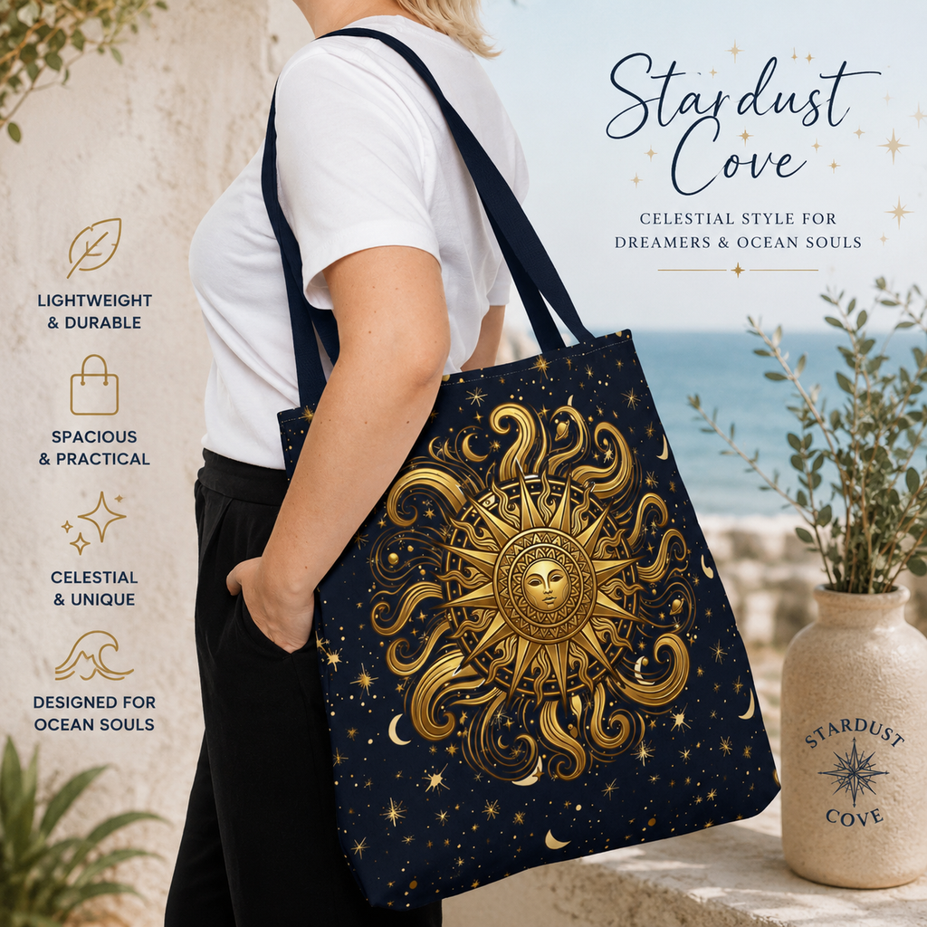 Celestial Sunburst Tote Bag | Gold Sun Moon Stars All-Over Print