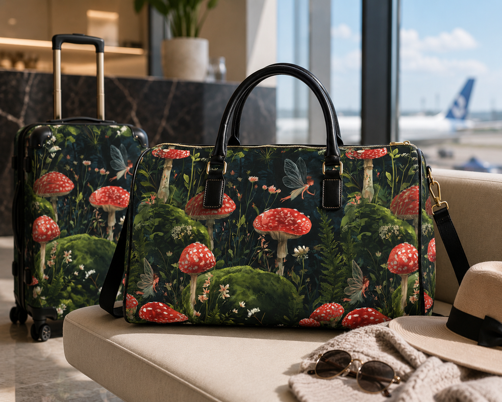 “Whimsical mushroom forest duffel bag and matching suitcase with red toadstools, woodland fairies and botanical details in an airport travel setting.