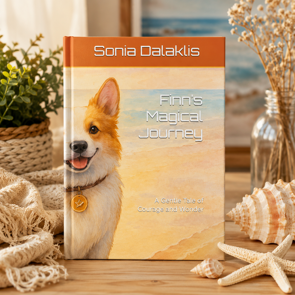 Hardcover copy of Finn’s Magical Journey by Sonia Dalaklis, a corgi children’s book, displayed on a wood table with coastal decor including seashells and a starfish