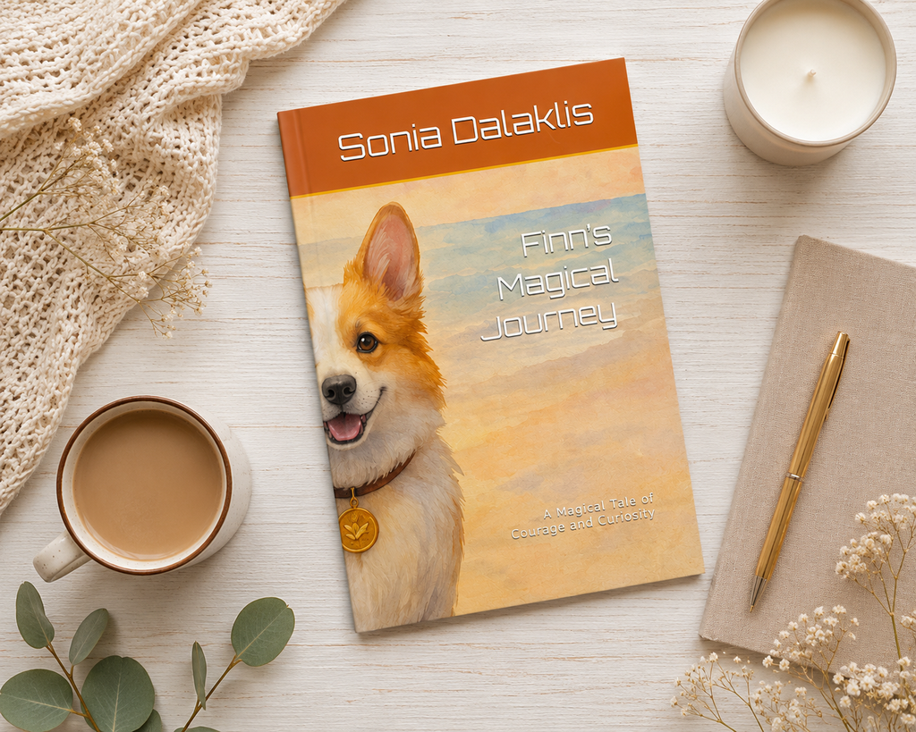 Paperback copy of Finn’s Magical Journey by Sonia Dalaklis, a corgi children’s book, styled flat lay with coffee, eucalyptus, and a notebook