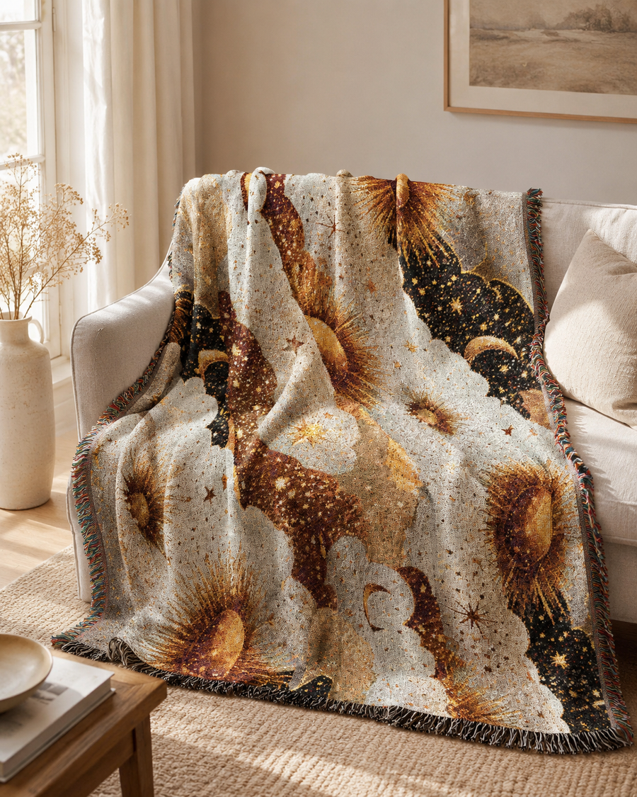 A fringed throw blanket draped over a white armchair in a bright living room. The blanket features a celestial print with brown and gold suns, black clouds, and small gold stars on an off-white background.
