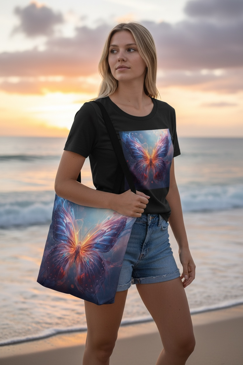 Luminous Butterfly Tote Bag | Amber Violet Floral Canvas Shoulder Bag
