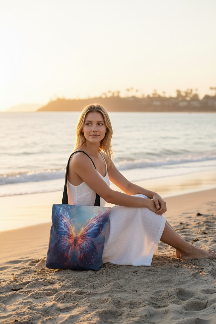 Luminous Butterfly Tote Bag | Amber Violet Floral Canvas Shoulder Bag