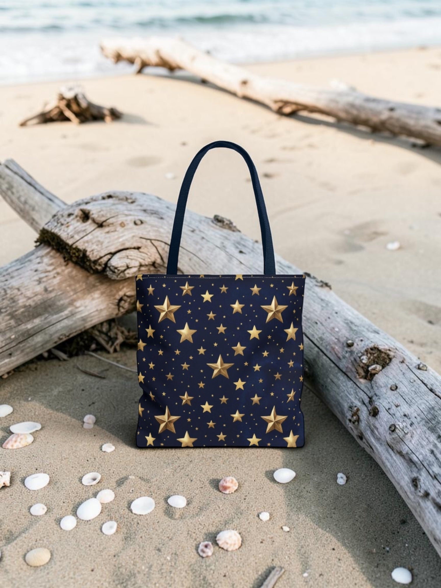 Gold Star Pattern Tote Bag | Navy Night Sky Stars All Over Print
