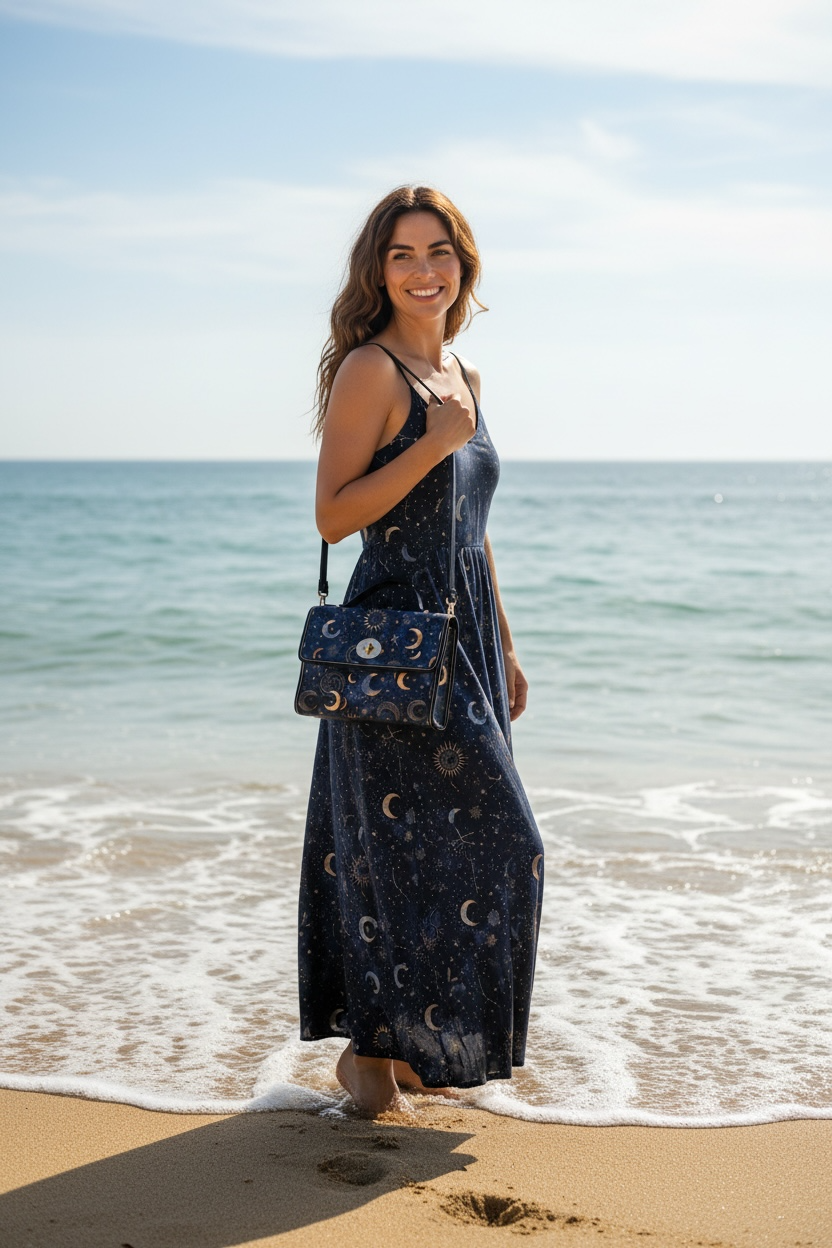 Celestial Moon Phases Waterproof Canvas Bag | Stars, Crescent Moon Pattern