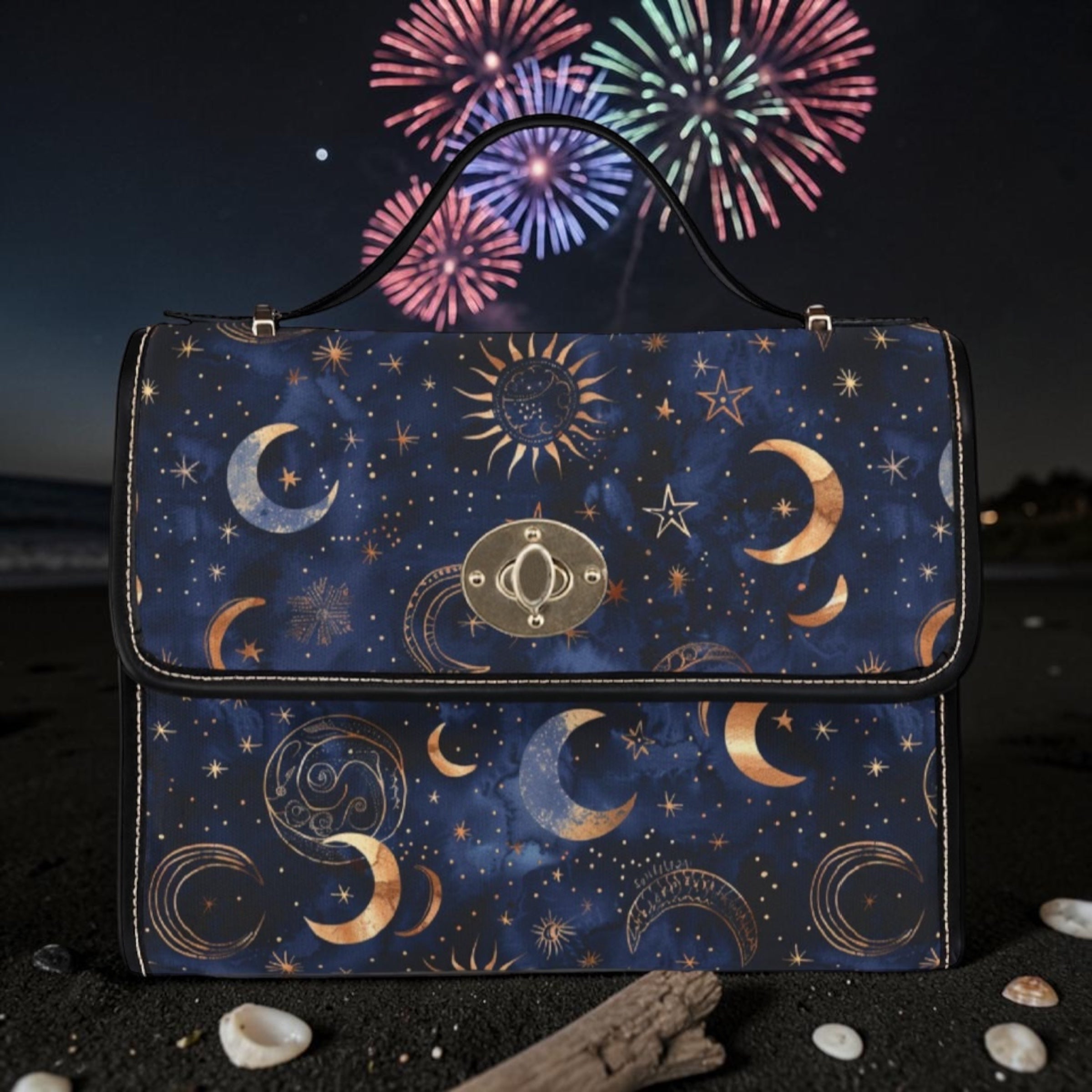 Celestial Moon Phases Waterproof Canvas Bag | Stars, Crescent Moon Pattern