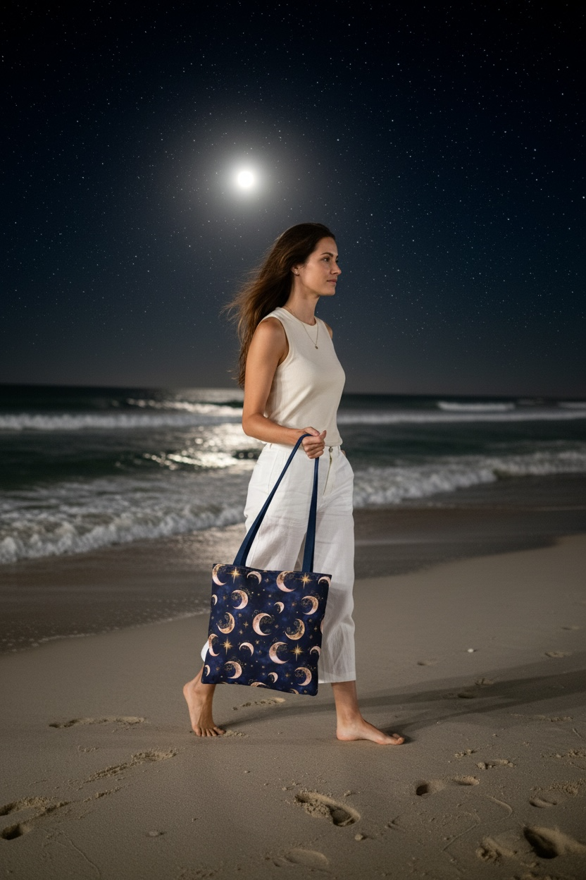 Celestial Moon Pattern Tote | Crescent Moons Stars Night Sky